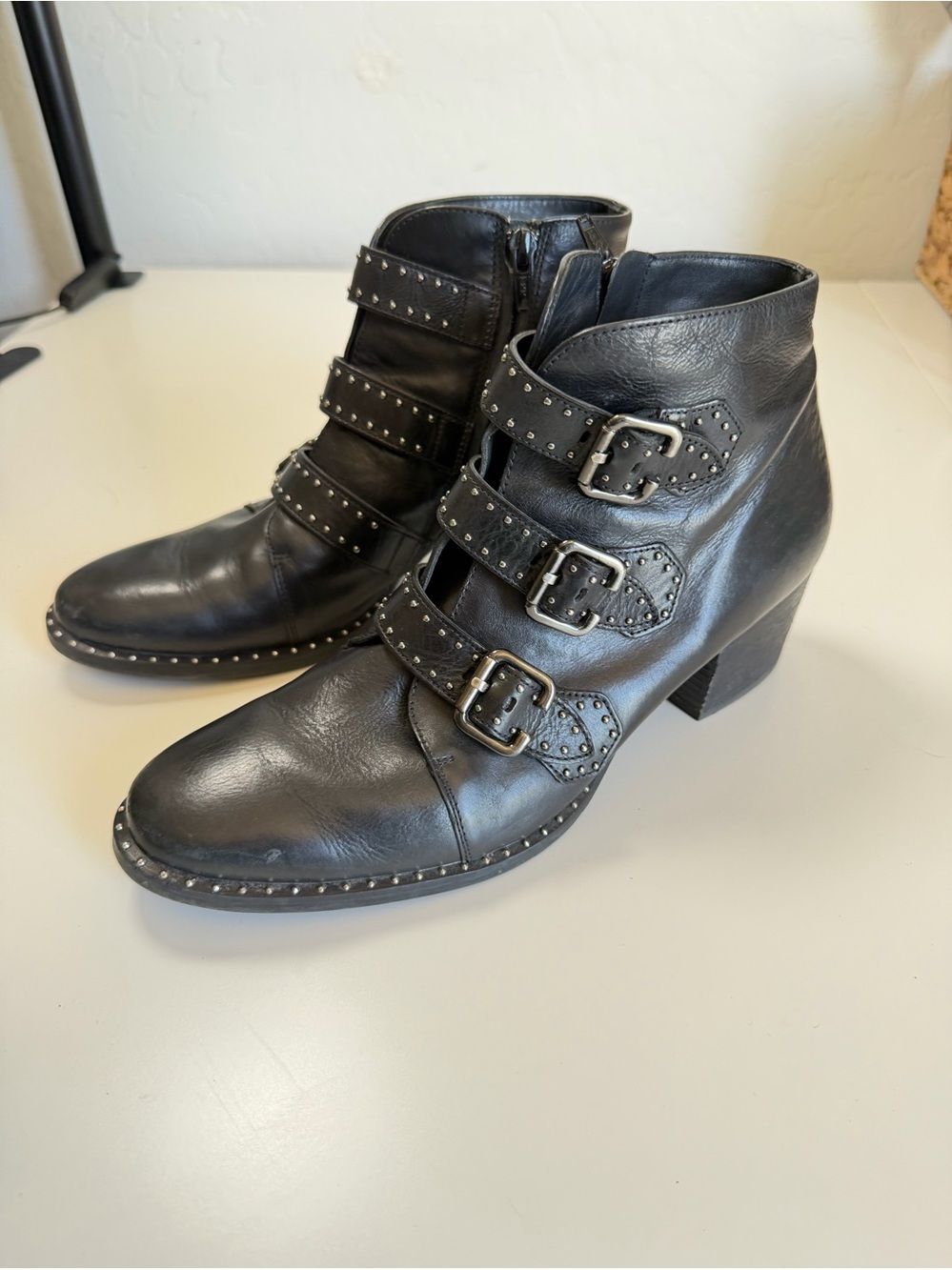 Paul Green Women's Black Leather Studded Buckle Ankle Boots 9